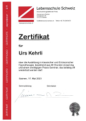 Zertifikat über die Ausbildung in klassischer und Ericksonscher Hypnotherapie, bestehend aus 40 Stunden elearning und einem dreitägigen Praxis-Seminar. Lebensschule Schweiz 17. Mai 2023