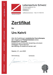 Zertifikat über die Ausbildung in analytischer Hypnotherapie, den Umgang mit Therapieresistenz sowie körperliche Traumata, bestehend aus 50 Stunden eLearning und einem dreitägigen Praxis-Seminar. Lebensschule Schweiz 21. Juni 2023